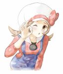  1girl ;o asuka_rkgk blue_overalls blush bow brown_eyes brown_hair cabbie_hat commentary_request eyelashes hand_up hat hat_bow leaning_forward long_hair looking_at_viewer lyra_(pokemon) ok_sign one_eye_closed open_mouth overalls pokemon pokemon_(game) pokemon_hgss red_bow red_shirt shirt simple_background solo twintails white_background white_headwear 