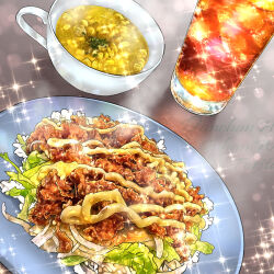  chicken_(food) commentary_request corn cup drink drinking_glass food food_focus highres kurumiri_ryo meat no_humans original plate rice sauce soup sparkle tea 