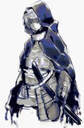  1boy armor blade_&amp;_bastard closed_mouth cropped_torso hair_over_one_eye highres hood iarumas_(blade_&amp;_bastard) jj9h0 looking_at_viewer male_focus samurai shaded_face sheath sheathed short_hair simple_background white_background white_hair wizardry 