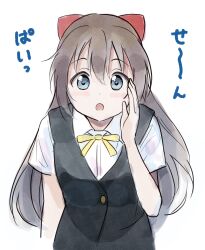  1girl absurdres blue_eyes blue_shirt blue_vest brown_hair hair_ribbon highres long_hair looking_at_viewer love_live! love_live!_nijigasaki_high_school_idol_club neck_ribbon nijigasaki_school_uniform open_mouth osaka_shizuku red_ribbon ribbon school_uniform shirt solo summer_uniform tata_(tataice) translation_request vest white_background yellow_ribbon 
