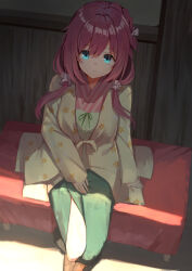  1girl absurdres arm_at_side blue_eyes bow braid brown_shoes commentary day floral_print floral_print_kimono foreshortening from_above full_body green_ribbon green_skirt hair_bow hair_intakes hair_ornament hair_scrunchie highres japanese_clothes kimono layered_kimono long_hair looking_at_viewer low_twintails maniwa_roka nodoameyatou on_bench outdoors parted_lips pink_scrunchie print_kimono red_hair red_kimono ribbon scrunchie senren_banka shoes side_braid sitting skirt sleeves_past_wrists solo striped_clothes striped_kimono sunlight twintails upturned_eyes vertical-striped_clothes vertical-striped_kimono white_bow yellow_kimono 