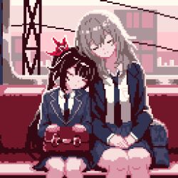  2girls black_hair black_necktie blue_skirt briefcase building city closed_eyes closed_mouth contemporary cowboy_shot dot_mouth dot_nose evening facing_viewer flower grey_hair hair_between_eyes hair_flower hair_ornament hands_on_own_legs head_rest head_tilt holding holding_briefcase honkai:_star_rail honkai_(series) jacket leleka long_hair long_sleeves multiple_girls necktie pixel_art pocket power_lines shirt sidelocks sitting skirt sleeping sleeping_on_person sparkle_(honkai:_star_rail) stelle_(honkai:_star_rail) suit_jacket trailblazer_(honkai:_star_rail) train_interior twintails very_long_hair white_shirt window 