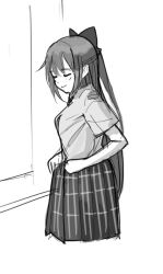  1girl adjusting_skirt bad_id bad_twitter_id closed_eyes greyscale hair_ribbon long_hair love_live! love_live!_nijigasaki_high_school_idol_club monochrome nijigasaki_school_uniform osaka_shizuku plaid_clothes plaid_skirt ribbon school_uniform shirt sketch skirt smile solo summer_uniform tata_(tataice) white_background 