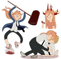  1girl absurdres adventure_time black_pants blonde_hair blue_jacket bread bread_slice chainsaw_man closed_eyes commentary demon_horns denji_(chainsaw_man) doughnut eating english_commentary food hammer highres holding holding_hammer horns hug jacket necktie pants pencilman_draws power_(chainsaw_man) sausage sharp_teeth signature suit teeth white_suit 