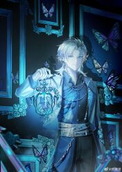  1boy absurdres animal_print aqua_eyes belt black_pants black_shirt blonde_hair blue_theme blurry blurry_foreground bug butterfly butterfly_earrings butterfly_print chinese_commentary closed_mouth collar_chain_(jewelry) collared_jacket collared_shirt contrast_lapels cowboy_shot curtained_hair dim_lighting ear_piercing earrings framed_insect glint hand_up highres holding holding_lantern jacket jewelry lantern lapels lars_rorschach light_particles lion long_sleeves looking_at_viewer lovebrush_chronicles male_focus multiple_belts open_clothes open_collar open_jacket pants parted_bangs picture_frame piercing shadow shirt short_hair sidelighting sideways_glance smile solo standing sweater_guard themed_object too_many too_many_butterflies waist_cape wallet_chain watermark weibo_watermark white_jacket wolf_cut yao_guan_cha 