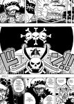  2boys abdlk_art animal artist_name bandages bear bepo black_hair blood blood_on_face french_text hat highres monochrome multiple_boys one_piece polar_bear ship trafalgar_law watercraft 