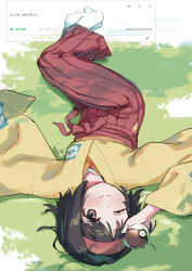  1girl ;) black_hair commentary_request erika_(pokemon) hairband hakama holding holding_poke_ball japanese_clothes kimono kumanomi looking_at_viewer lying on_back on_ground one_eye_closed poke_ball pokemon pokemon_firered_and_leafgreen red_hairband red_hakama request_inset smile socks solo tabi translation_request white_socks wide_sleeves yellow_kimono 