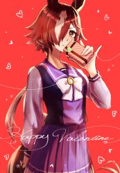  1girl animal_ears blush bow bowtie box box_of_chocolates breasts brown_eyes brown_hair closed_mouth commentary_request gift gift_box hair_over_one_eye happy_valentine heart highres holding holding_gift horse_ears horse_girl horse_tail long_hair long_sleeves looking_at_viewer multicolored_hair pleated_skirt ponytail purple_sailor_collar purple_serafuku purple_shirt purple_skirt red_background sailor_collar school_uniform serafuku shirt skirt solo tail tracen_school_uniform umamusume upper_body vodka_(umamusume) white_bow white_bowtie white_hair yonaga_(47ga_yng) 