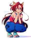  1girl animal_ears blue_eyes blue_footwear brown_hair closed_mouth crop_top denim eyelashes hands_on_own_cheeks hands_on_own_face jeans kemonomimi_mode long_hair looking_to_the_side midriff pants precure red_shirt sabum sandals shirt simple_background solo squatting takizawa_asuka tropical-rouge!_precure violet_eyes white_background 