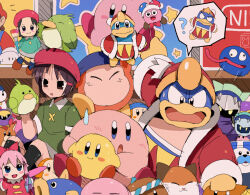  1girl 3boys ? adeleine awoofy bandana bandana_waddle_dee bendedede beret bird black_eyes black_hair blue_bandana blue_eyes blush cape character_counter_check character_doll character_request chilly_(kirby) closed_eyes commentary doll english_commentary gloves gooey_(kirby) hair_ornament hairclip hat highres kine_(kirby) king_dedede kirby kirby_(series) looking_at_another mario marx_(kirby) meta_knight mr._frosty multiple_boys nago_(kirby) open_mouth pitch_(kirby) purple_cape red_hat ribbon rocky_(kirby) short_hair short_sleeves speech_bubble spoken_question_mark super_mario_bros. sweatdrop yellow_eyes yellow_gloves 