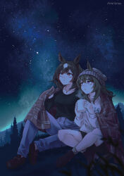  2girls animal_ears beanie black_shirt black_shorts blanket blue_pants breasts brown_hair closed_mouth collarbone commentary_request cup ear_ornament ears_through_headwear grey_hat hair_between_eyes hat highres holding holding_cup horse_ears horse_girl horse_tail jewelry long_hair long_sleeves medium_breasts multicolored_hair multiple_girls nakayama_festa_(umamusume) namuko necklace night outdoors pants parted_lips red_eyes shared_blanket shirt shoes shorts sirius_symboli_(umamusume) sitting sky small_breasts star_(sky) stargazing starry_sky steaming_cup streaked_hair sweater tail umamusume violet_eyes white_hair white_sweater yuri 