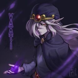  1boy arm_at_side artist_name belt black_eyeliner character_name cloak closed_mouth colored_skin commentary commission english_commentary eyeliner facial_mark gem gem_hat_ornament gold_belt hair_over_one_eye hat hat_ornament highres long_hair long_sleeves looking_at_viewer magic makeup male_focus open_hand pale_skin pink_skin pointy_ears purple_cloak purple_hair purple_hat purple_theme purple_tunic red_eyes red_gem seilo_art signature solo standing the_legend_of_zelda the_legend_of_zelda:_the_minish_cap tunic umbrakinesis upper_body vaati wide_sleeves wind 