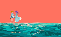  2girls aqua_dress aqua_shirt arms_at_sides blonde_hair blue_shorts cellphone commentary_request couple cutoffs daiba_nana dress evening full_body glasses highres holding holding_hands holding_phone holding_shoes holding_unworn_clothes hoshimi_junna ligne_claire long_dress long_hair long_sleeves looking_at_another looking_to_the_side multiple_girls ocean outdoors phone purple_hair red_sky rognize shirt shoes short_hair short_shorts shorts shoujo_kageki_revue_starlight sky smartphone torn_clothes torn_shorts turning_head unworn_shoes walking walking_on_liquid water yuri 