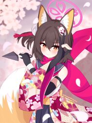  1girl absurdres animal_ear_fluff animal_ears artist_name black_gloves blue_archive bob_cut brown_hair cherry_blossoms closed_mouth cowboy_shot floral_print fox_ears fox_girl fox_hair_ornament fox_shadow_puppet fox_tail gloves hair_between_eyes halo highres holding holding_kunai holding_weapon izuna_(blue_archive) japanese_clothes kimono ksj1030 kunai looking_at_viewer medium_hair orange_eyes orange_tail partially_fingerless_gloves pink_halo pink_scarf scarf single_bare_shoulder single_off_shoulder smile solo tail weapon 
