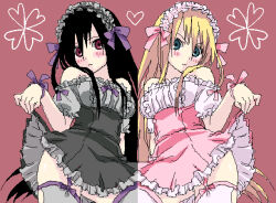  alternate_color black_dress black_hair blonde_hair blush dress ekra frilled_dress frills headdress holding_own_dress komori_kiri lolita_fashion long_hair oekaki pink_dress ribbon sayonara_zetsubou_sensei serious simple_background thigh-highs zettai_ryouiki 