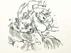  2girls bow breasts commentary_request cuffs dress hair_bow hair_bun horns hoshiguma_yuugi kurodani_yamame large_breasts long_hair menotama multi-source_commentary multiple_girls oni open_mouth puffy_short_sleeves puffy_sleeves shackles shirt short_hair short_sleeves single_horn skirt smile sweat touhou traditional_media very_long_hair 