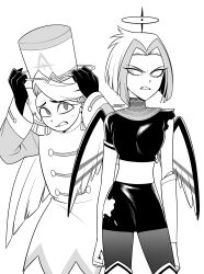  1boy 1girl abel_(hazbin_hotel) absurdres angel angel_wings angry arms_at_sides arms_up behind_another belt bob_cut boots breasts buttons clenched_hand clenched_teeth commentary_request contrapposto cowboy_shot crosshatching curtained_hair double-breasted dress elbow_gloves eyes_visible_through_hair feathered_wings feathers fewer_digits gloves greyscale hair_behind_ear halo hat hatching_(texture) hazbin_hotel hellaverse high_contrast highres inverted_bob leaning_forward long_sleeves looking_at_another looking_at_viewer looking_back lute_(hazbin_hotel) mechanical_arms menma_(enaic31) monochrome multicolored_hair no_pupils pantyhose pencil_dress petite raised_inner_eyebrows robe short_dress short_hair signature simple_background single_elbow_glove single_glove single_mechanical_arm small_breasts standing streaked_hair sweat swept_bangs tareme teeth thigh_boots torn_clothes torn_dress tsurime two-tone_hair v-shaped_eyebrows very_short_hair white_background wide_sleeves wings 