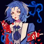  1boy armband ascot blue_ascot blue_hair blue_jacket blue_nails brooch chesed_(project_moon) collared_shirt commentary_request er_hea grey_vest grin highres jacket jewelry lobotomy_corporation long_sleeves male_focus open_clothes open_jacket petals project_moon rose_petals shirt short_hair smile solo upper_body vest white_shirt yellow_eyes 