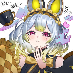  1girl animal_ears bare_shoulders blonde_hair blush checkered_pillow closed_mouth commentary_request cup detached_sleeves diamond_(shape) diamond_facial_mark duel_monster facial_mark frilled_hairband frills grey_hair hairband highres long_sleeves looking_at_viewer maliss_<p>_dormouse mouse_ears mouse_girl multicolored_hair portrait short_hair solo teacup wy_(pixiv_121946076) yellow_pillow yu-gi-oh! 