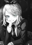  1girl blue_eyes candlestand chair collared_shirt formal greyscale grin hair_ribbon highres kagamine_rin leaning_forward leaning_on_object liso long_eyelashes monochrome necktie project_sekai ribbon shirt short_hair sitting smile solo spot_color suit teeth vocaloid 