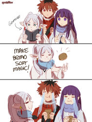  1boy 2girls book bread closed_eyes closed_mouth commentary crying earrings elf english_commentary fern_(sousou_no_frieren) food frieren green_eyes grimoire highres holding holding_book jewelry long_hair magic multiple_girls pointy_ears purple_hair red_eyes red_hair signature simple_background sousou_no_frieren spatziline stark_(sousou_no_frieren) teardrop_earrings twintails violet_eyes white_background white_hair 