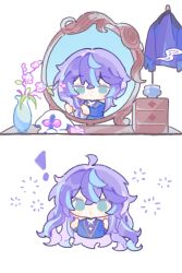  ! 1boy :o ahoge blue_hair blue_shirt braiding_hair commentary cropped_torso green_eyes hairdressing highres hoshirube_sho jacket long_hair looking_at_viewer male_focus mirror multicolored_hair nijisanji otomo_(hoshirube_sho) purple_hair purple_jacket shirt short_hair shuxingbuming_moxiaobai simple_background squeans streaked_hair table unworn_jacket vanity_table vase virtual_youtuber white_background 