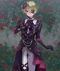  1boy ascot asymmetrical_footwear beads belt black_belt black_gloves black_jacket closed_mouth commentary_request earrings elbow_gloves ensemble_stars! feet_out_of_frame floral_background flower flower_eyepatch frilled_jacket frills gloves green_hair hair_flower hair_ornament hand_up jacket jewelry lightgreen03 looking_at_viewer male_focus official_alternate_costume overskirt panties purple_ascot red_flower red_rose rose shirt shoes short_hair smile solo three-quarter_sleeves tomoe_hiyori underwear violet_eyes wavy_hair white_panties white_shirt white_shoes 