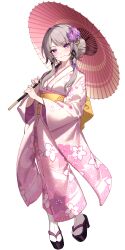  1girl absurdres akae_neo alternate_costume alternate_hairstyle brown_hair cherry_blossom_print commentary_request floral_print flower full_body furisode_sleeves hair_flower hair_ornament hair_up herta_(honkai:_star_rail) highres holding holding_umbrella honkai:_star_rail honkai_(series) japanese_clothes kimono light_smile nail_polish obi oil-paper_umbrella okobo pink_kimono platform_sandals ribbon sandals sash socks tabi the_herta_(honkai:_star_rail) umbrella violet_eyes white_background x_hair_ornament 