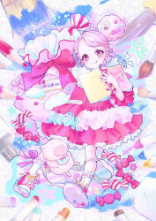  1girl :p absurdres asymmetrical_bangs asymmetrical_clothes asymmetrical_skirt book bow candy candy_hair_ornament colored_pencil colorful cotton_candy double_bun dress fairy_kei fashion food food-themed_hair_ornament frills full_body hair_bun hair_ornament highres holding holding_book holding_pillow lavie_(cestbonlavie) layered_dress lolita_fashion looking_at_viewer original paintbrush pastel_colors pencil pillow pink_dress pink_eyes pink_hair polka_dot polka_dot_skirt puffy_sleeves shoes sketchbook skirt sneakers solo star_(symbol) star_hair_ornament sticker stuffed_animal stuffed_pig stuffed_toy sweet_lolita tongue tongue_out virtual_youtuber yume_kawaii 