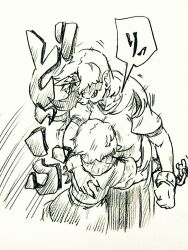  2girls broken broken_chain chain commentary_request cuffs horns hoshiguma_yuugi hug long_hair menotama mizuhashi_parsee multi-source_commentary multiple_girls oni pointy_ears puffy_short_sleeves puffy_sleeves shackles shirt short_sleeves single_horn skirt speech_bubble touhou translation_request very_long_hair yuri 