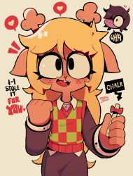  2girls absurdres animal_ears antlers arrow_(symbol) black_eyes black_shirt black_skirt blonde_hair blush bow brown_hair buck_teeth chalk checkered_sweater_vest collared_shirt colored_skin deer_ears deltarune english_text freckles furry furry_female hair_between_eyes hair_over_one_eye heart highres holding holding_chalk horns long_hair long_sleeves looking_at_viewer mistakeharvest multiple_girls noelle_holiday open_mouth purple_skin red_bow reindeer_antlers reindeer_girl shirt skirt smile speech_bubble spoken_heart susie_(deltarune) teeth tongue upper_teeth_only utdr_(toby_fox) yuri 