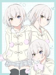  1girl bang_dream! bang_dream!_it's_mygo!!!!! black_thighhighs blue_eyes blush closed_mouth commentary grey_skirt heterochromia highres jacket kaname_raana melty_lubll mittens multiple_views pink_mittens plaid_clothes plaid_skirt pleated_skirt short_hair skirt thigh-highs white_hair white_jacket yellow_eyes zettai_ryouiki 