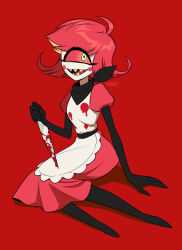  1girl :d absurdres antenna_hair apron arm_at_side arm_support bandana bandana_around_neck belt black_bandana black_belt blonde_hair blood blood_on_clothes blood_on_knife breasts circle_facial_mark colored_inner_hair colored_sclera colored_teeth commentary_request cyclops dress facial_mark fewer_digits flipped_hair full_body hazbin_hotel hellaverse highres holding holding_knife knife maid maid_apron medium_dress menma_(enaic31) multicolored_hair niffty_(hazbin_hotel) one-eyed open_mouth puffy_short_sleeves puffy_sleeves red_background red_dress red_hair red_sclera reverse_grip shadow sharp_teeth short_hair short_sleeves signature simple_background sitting small_breasts smile solo swept_bangs teeth two-tone_hair white_apron yellow_eyes yellow_teeth yokozuwari 