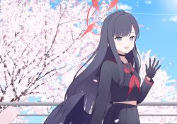  1girl belly black_hair black_sailor_collar blue_archive blue_sky cherry_blossoms choker clear_sky commentary_request feathered_wings gloves grey_eyes hair_ornament halo highres ichika_(blue_archive) long_hair looking_at_viewer nagine_11 open_mouth red_halo red_ribbon ribbon sailor sailor_collar skirt sky solo solo_focus wings 