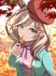  1girl animal_ears autumn autumn_leaves blurry blurry_foreground blush breasts brown_eyes brown_hair casual commentary_request filkia hair_ornament hairclip hat highres horse_ears jacket leaf looking_at_viewer maple_leaf matikane_tannhauser_(umamusume) medium_breasts medium_hair smile solo umamusume 