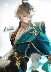  1boy ahoge alhaitham_(genshin_impact) alhaitham_(resplendent_feast)_(genshin_impact) black_coat character_name closed_mouth coat commentary expressionless genshin_impact gloves green_coat green_eyes grey_hair hair_over_one_eye highres kats20000 long_sleeves looking_at_viewer male_focus multicolored_coat official_alternate_costume pants shirt short_hair simple_background solo two-tone_coat white_shirt 