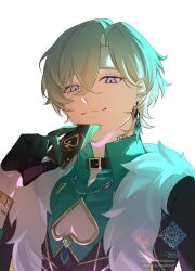  1boy arm_up aventurine_(honkai:_star_rail) belt_buckle belt_collar black_jacket buckle card cleavage_cutout closed_mouth clothing_cutout collar collared_shirt crossed_bangs earrings fur_trim green_shirt heart_cutout highres holding holding_card honkai:_star_rail honkai_(series) jacket jewelry long_sleeves male_focus multicolored_eyes neck_tattoo parted_hair piercing shirt simple_background smile solo tattoo upper_body white_background white_fur wing_collar yagi_yachi 