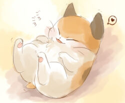  :3 animal animal_focus blush cat closed_eyes commentary_request fluffy full_body hanada_(cobalt003) happy heart kirby_(series) lying motion_lines nago_(kirby) no_humans on_back open_mouth pawpads smile solo speech_bubble spoken_heart whiskers 