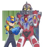  2boys arm_cannon arm_up clenched_hand colored_sclera commentary_request crossover denkou_choujin_gridman green_eyes gridman_(character) helmet kin-san_(sasuraiga) male_focus mega_man_(series) mega_man_battle_network megaman.exe multiple_boys sketch smile weapon yellow_sclera 