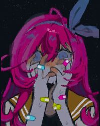  1girl aubrey_(faraway)_(omori) aubrey_(omori) bandaid bandaid_on_arm bandaid_on_finger bandaid_on_hand black_background blue_eyes blue_hairband double-parted_bangs hair_between_eyes hairband highres jacket long_hair looking_at_viewer nill_(nill) omori open_clothes open_jacket pink_hair solo sweat twitter_username upper_body white_jacket 