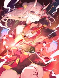  1girl absurdres bare_shoulders bell commentary_request dao dual_wielding grin hair_bell hair_between_horns hair_ornament hakua_(aiziro_039) highres holding hololive horns katana lightning long_hair multicolored_hair nakiri_ayame red_eyes red_hair rope shimenawa skin-covered_horns smile streaked_hair sword thigh-highs virtual_youtuber weapon white_hair white_thighhighs 