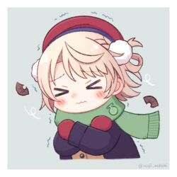  >_< 1girl apple_(zdj0266) beret blush border braid closed_mouth cold cropped_torso green_scarf grey_background hair_ornament hair_rings hat highres indie_virtual_youtuber jacket leaf long_sleeves mittens pom_pom_(clothes) pom_pom_hair_ornament red_hat scarf shigure_ui_(1st_costume)_(vtuber) shigure_ui_(vtuber) short_hair sneezing solo trembling twitter_username upper_body virtual_youtuber wavy_mouth white_border 