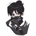  1girl absurdres animification apex_legends belt black_bodysuit black_gloves black_scarf blue_eyes bodysuit brown_belt chibi clenched_hand covered_mouth full_body gloves hair_behind_ear hair_between_eyes hair_bun highres holding holding_knife knife kunai looking_at_viewer scarf single_hair_bun solo t.t.t weapon white_background wraith&#039;s_kunai wraith_(apex_legends) 