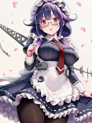 1girl alternate_costume apron bespectacled black_dress black_pantyhose blush cowboy_shot crane_(machine) dress em_s enmaided frilled_apron frills glasses green-framed_eyewear highres japan_(hetalia) japanese_flag kantai_collection long_hair long_sleeves looking_at_viewer maid maid_apron maid_headdress necktie open_mouth pantyhose petals red_necktie rigging semi-rimless_eyewear smile solo taigei_(kancolle) under-rim_eyewear white_apron