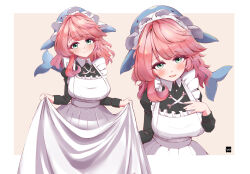  1girl alternate_costume apron blue_hat blush breasts clothes_lift collared_shirt dress green_eyes hand_on_own_chest hat highres large_breasts long_sleeves looking_at_viewer lykesya maid okunoda_miyoi pink_hair shirt short_hair skirt skirt_lift smile solo touhou whale_hat white_dress 