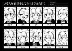  1girl :d ^_^ angry black_border blush body_fur border bow bowtie circle_facial_mark clenched_teeth closed_eyes closed_mouth commentary_request crying crying_with_eyes_open facial_mark facing_viewer fewer_digits fingerless_gloves flying_sweatdrops furry furry_female gloves greyscale hairband half-closed_eye hands_up happy hatching_(texture) hazbin_hotel heart hellaverse highres horns long_hair looking_ahead looking_at_viewer looking_down looking_up menma_(enaic31) molly_(hazbin_hotel) monochrome multicolored_hair multiple_views no_nose no_pupils nose_blush open_mouth portrait raised_eyebrows raised_inner_eyebrows sad scared shirt simple_background smile streaked_hair sweat tareme tears teeth traditional_bowtie translation_request two-tone_hair uneven_eyes v-shaped_eyebrows white_background wide-eyed 