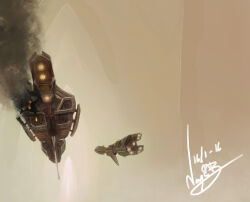  battle_damage brown_sky brown_theme burning combat_ship_(eve_online) commentary cruiser_(eve_online) damaged english_commentary eve_online flying highres military_vehicle minmatar_republic_(eve_online) mrpheenox navy_faction_(eve_online) outdoors republic_fleet_(eve_online) science_fiction sky smoke spacecraft stabber_(eve_online) thrusters thukker_mix_(eve_online) 