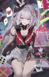  1girl black_gloves black_hat blush box braid card chromatic_aberration commentary_request diamond_(shape) diamond_facial_mark emiya_negi facial_mark floating_card gift gift_box gloves grey_hair hand_cursor hat heart heart_facial_mark highres holographic_interface honkai:_star_rail honkai_(series) long_hair looking_at_viewer mark_under_both_eyes mini_hat mini_top_hat open_mouth pink_eyes pixel_heart pixelated playing_card single_glove sitting solo sparkle_(honkai:_star_rail) sparxie_(honkai:_star_rail) teeth thigh_strap top_hat upper_teeth_only v 
