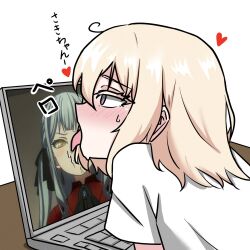  2girls bang_dream! bang_dream!_it's_mygo!!!!! blonde_hair blue_hair blush computer highres laptop licking long_hair misumi_uika multiple_girls shirt short_hair simple_background ssami table togawa_sakiko twintails violet_eyes white_background white_shirt 