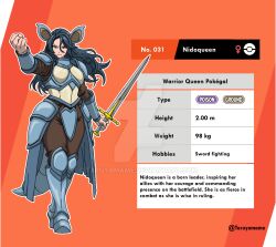  1girl animal_ears armor artist_name blue_hair boobplate bracer breastplate brown_eyes brown_pants brown_shirt character_name character_profile cuirass deviantart_logo deviantart_username english_text faulds full_body greaves hair_between_eyes height highres holding holding_sword holding_weapon knight long_hair looking_at_viewer nidoqueen pants pauldrons personification pokemon queen shirt shoulder_armor solo sword taruyamame venus_symbol weapon 